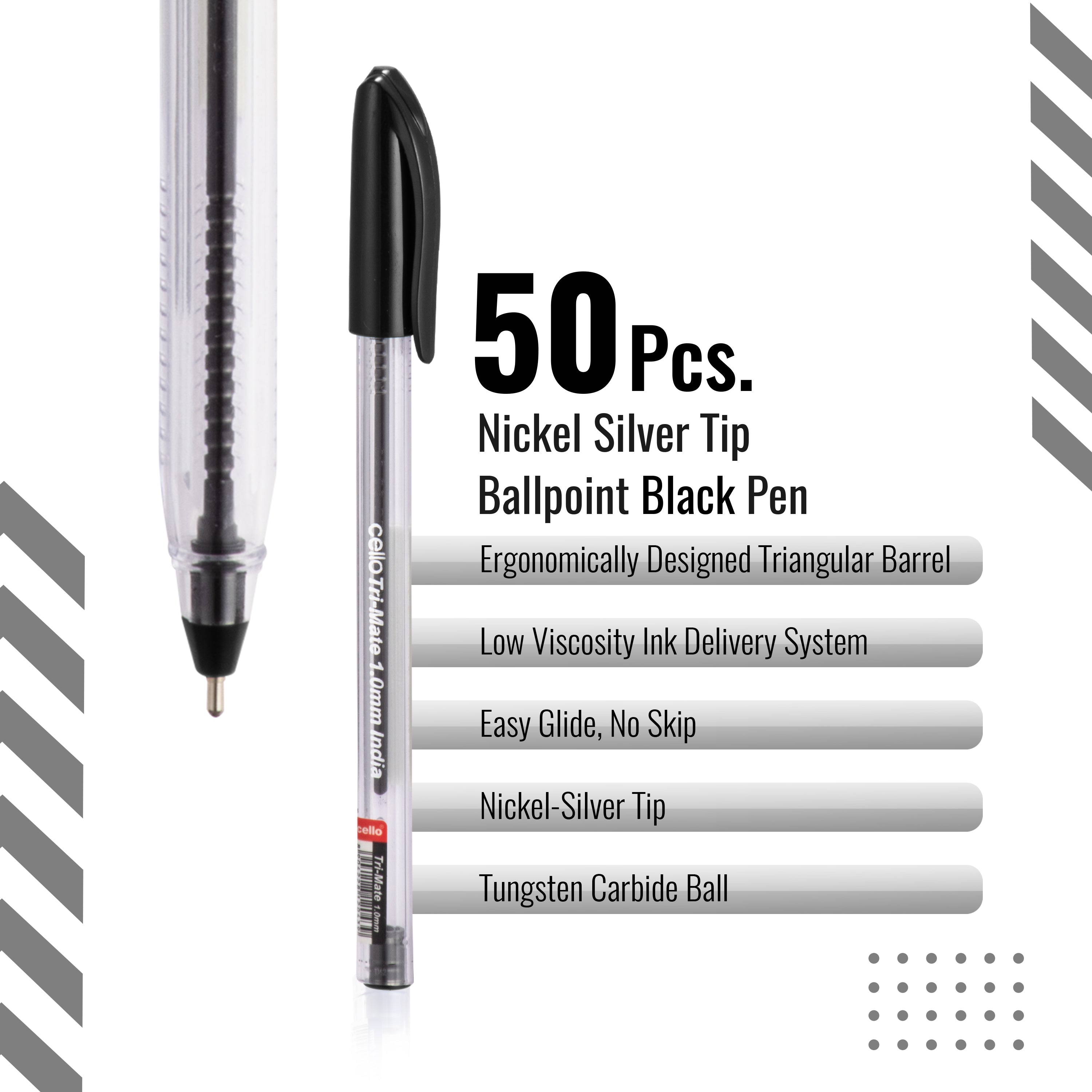 Pack of 50 Cello ballpoint pens with triangular barrel, nickel-silver tip, low viscosity ink, ergonomic design, and easy glide.