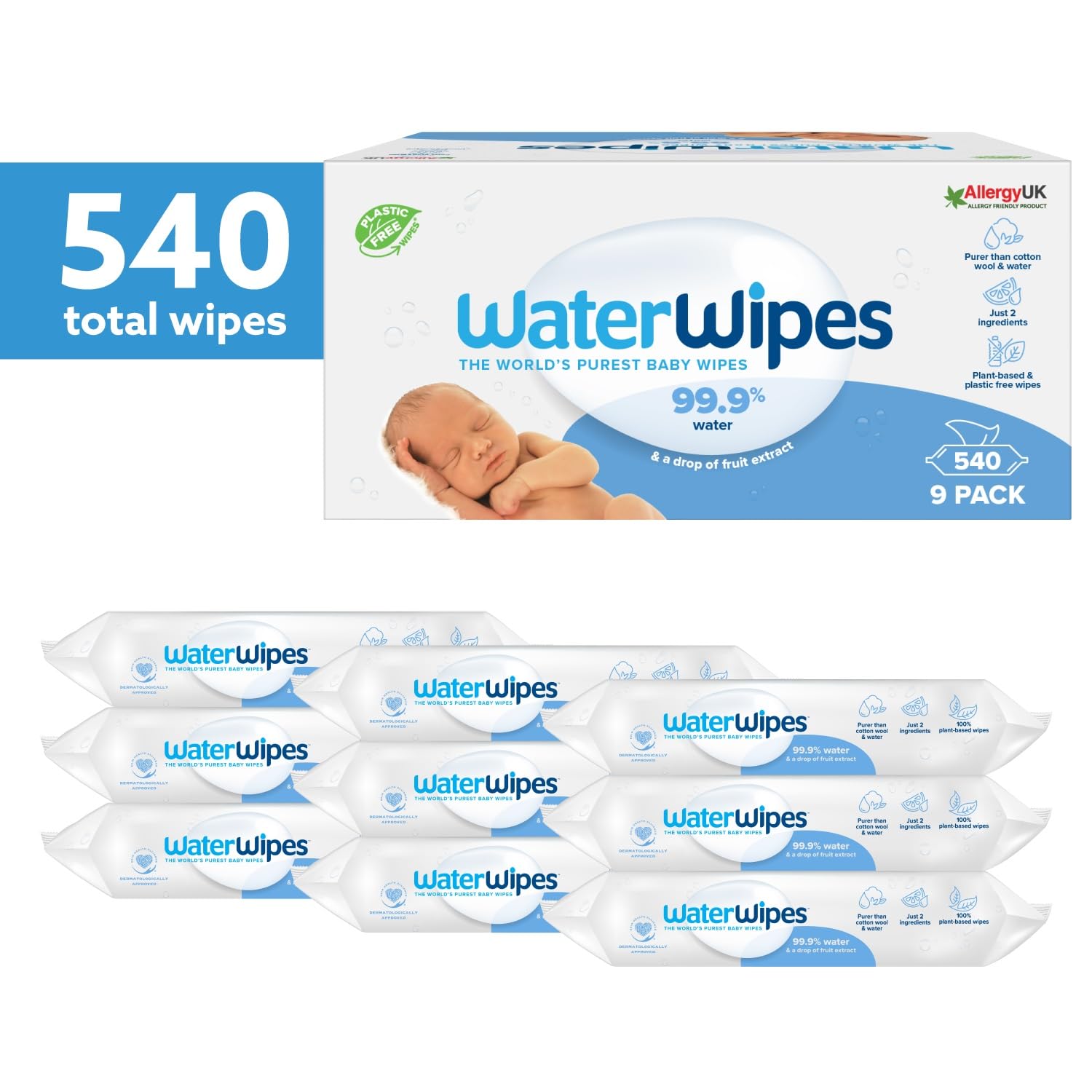 WaterWipes Plastic-Free Original Baby Wipes, 540 Count (9 packs), 99.9% Water Based Wipes, Unscented for Sensitive Skin