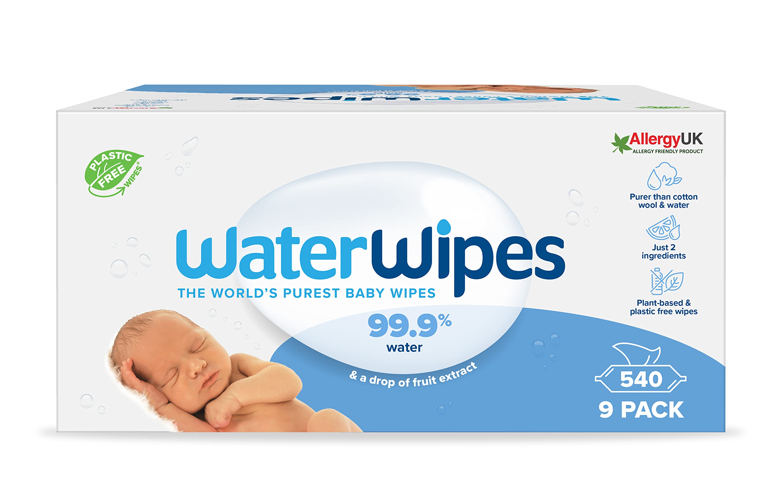 WaterWipes Plastic-Free Original Baby Wipes, 540 Count (9 packs), 99.9% Water Based Wipes, Unscented for Sensitive Skin