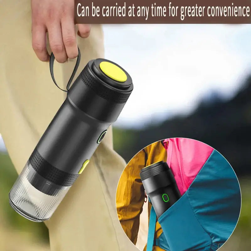 Portable wireless espresso coffee maker for travel, shown being carried and fitting in a backpack, convenient for camping and home use.