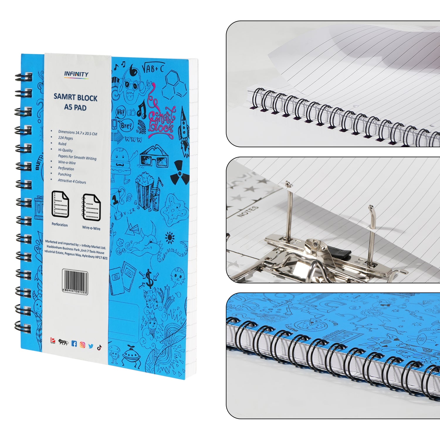 A5 Smart Block Lined Spiral Journal Notebook, 224 Pages