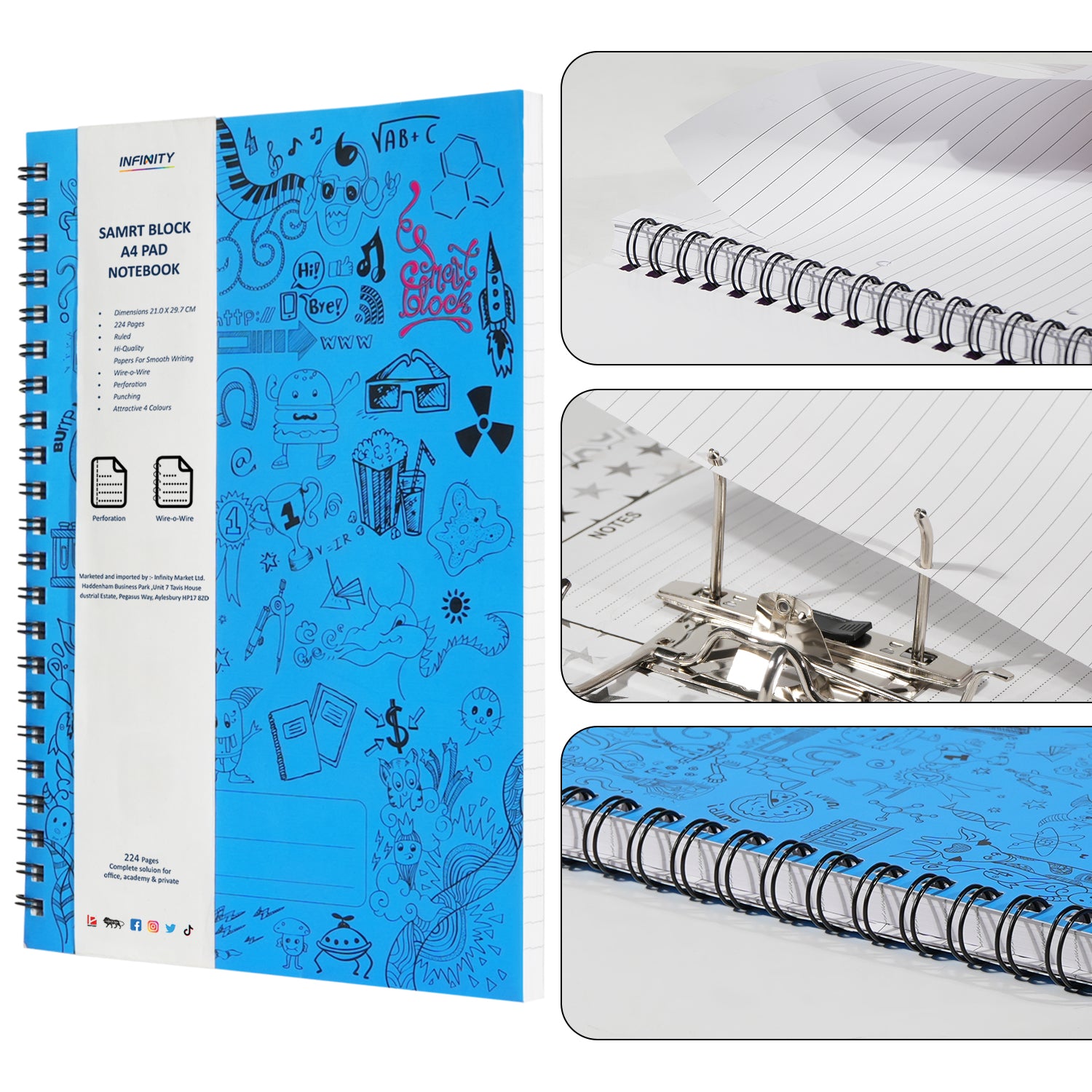 Smart Block Lined Spiral Journal Notebook, 224 Pages, Blue