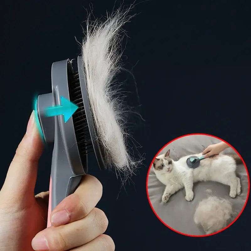 Self-cleaning pet grooming brush for cats and dogs, effortless de-shedding with visible loose fur removal, promotes healthy coat.