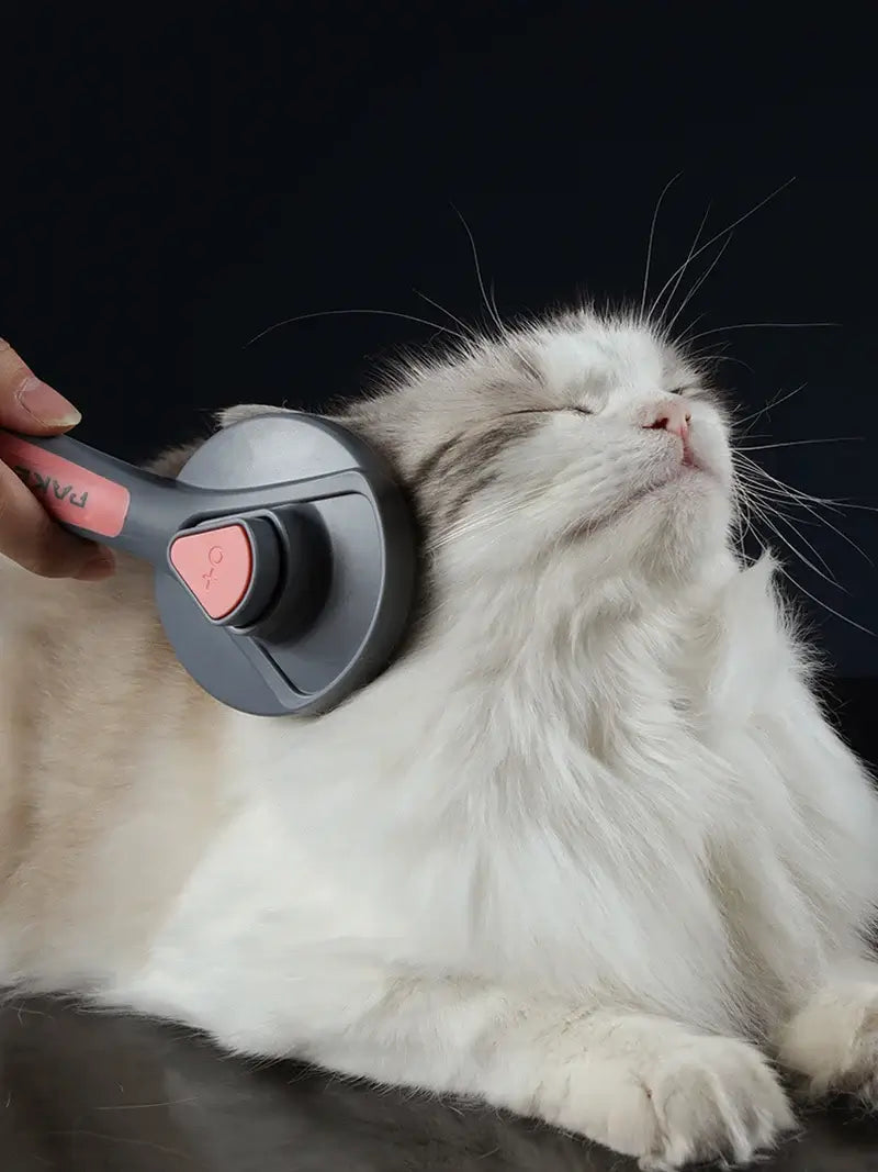 Cat enjoying grooming with a self-cleaning pet brush for cats and dogs, removing tangles and promoting healthy fur.