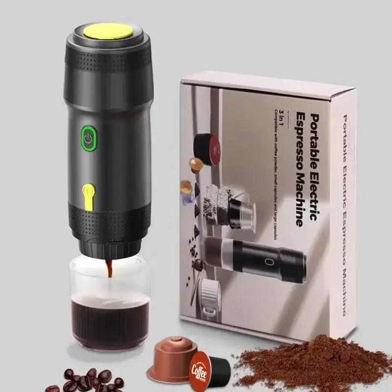 Portable electric espresso machine with box, coffee beans, capsules, and grounds, ideal for travel and home brewing.