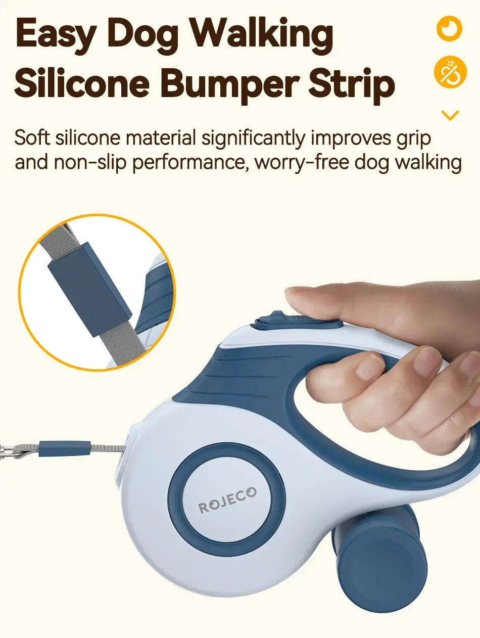 Automatic retractable dog leash with silicone bumper strip for improved grip and non-slip performance