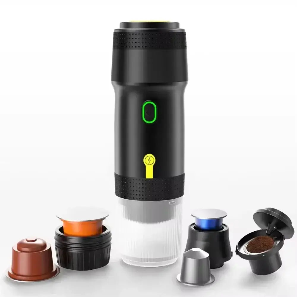 Wireless portable espresso coffee machine with capsules for car and home use, versatile 3-in-1 travel coffee maker, 120ml capacity.