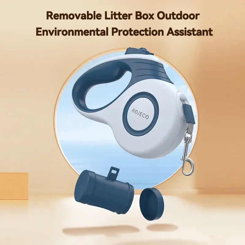 Automatic retractable dog leash with removable litter box for small dogs and cats, 5M extendable rope, durable outdoor pet accessory.