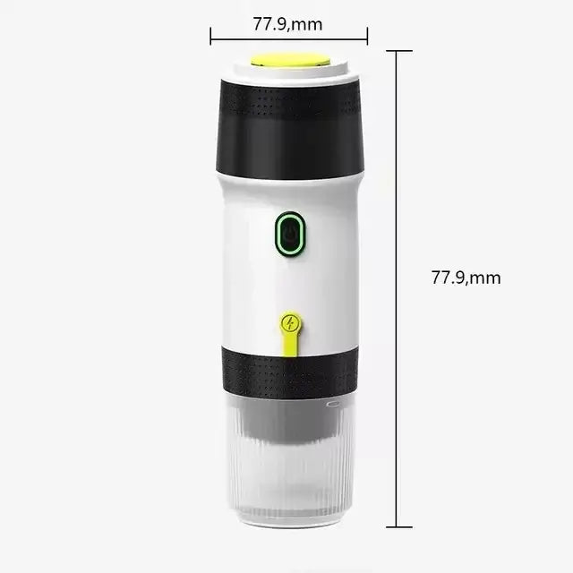 Wireless portable espresso coffee machine with 120ml capacity for camping and travel, showing dimensions of 77.9mm height and width.