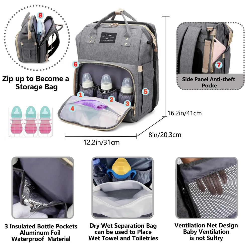 Lightweight Mommy Bag with Folding Crib | Large-Capacity Baby Backpack