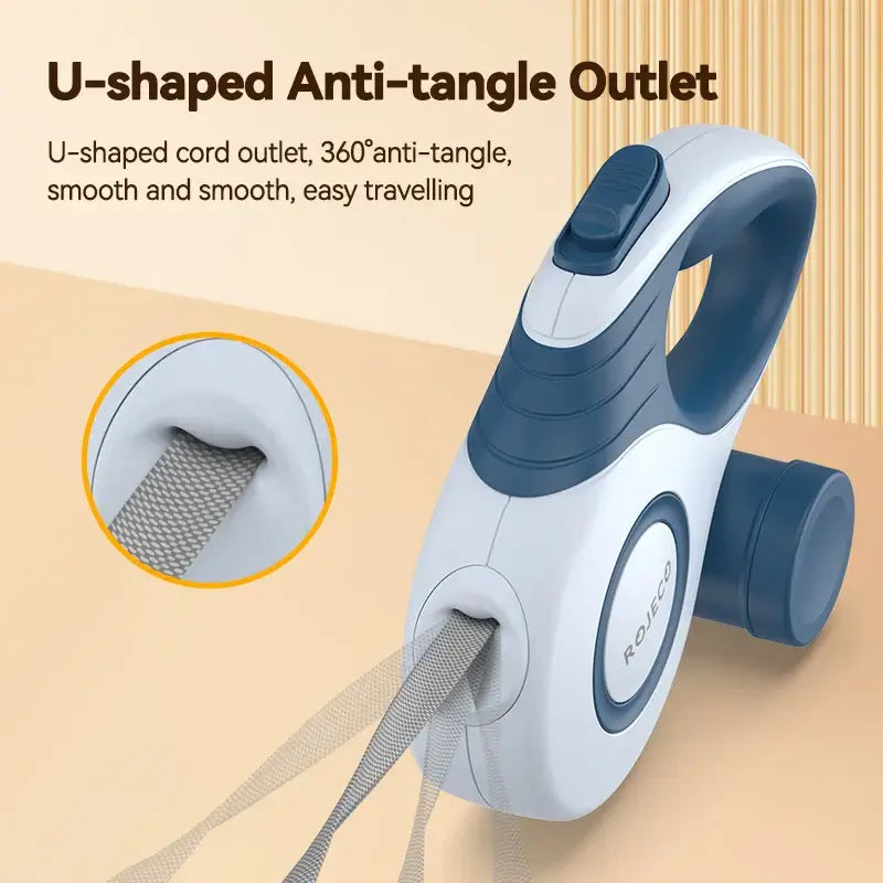 Automatic retractable dog leash with U-shaped anti-tangle outlet for smooth, 360° movement.