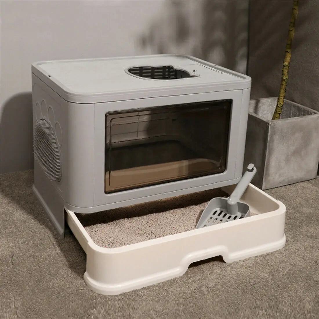 Foldable Cat Litter Box with Front Entry & Top Exit, Enclosed Kitty Toilet with Massager & Litter Scoop