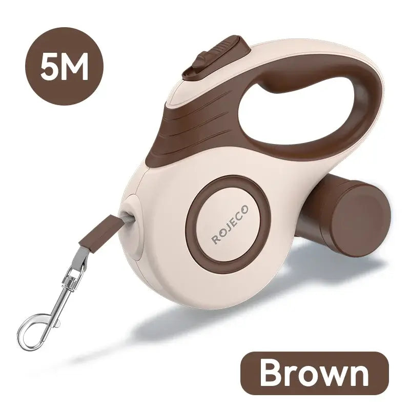 Brown automatic retractable dog leash with 5M extendable rope for small dogs and cats, ideal for outdoor adventures.