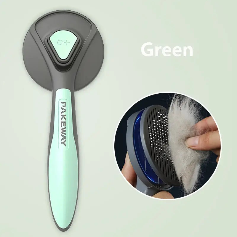 Green pet grooming brush with self-cleaning comb for cats, dogs, and rabbits, shown removing loose hair.