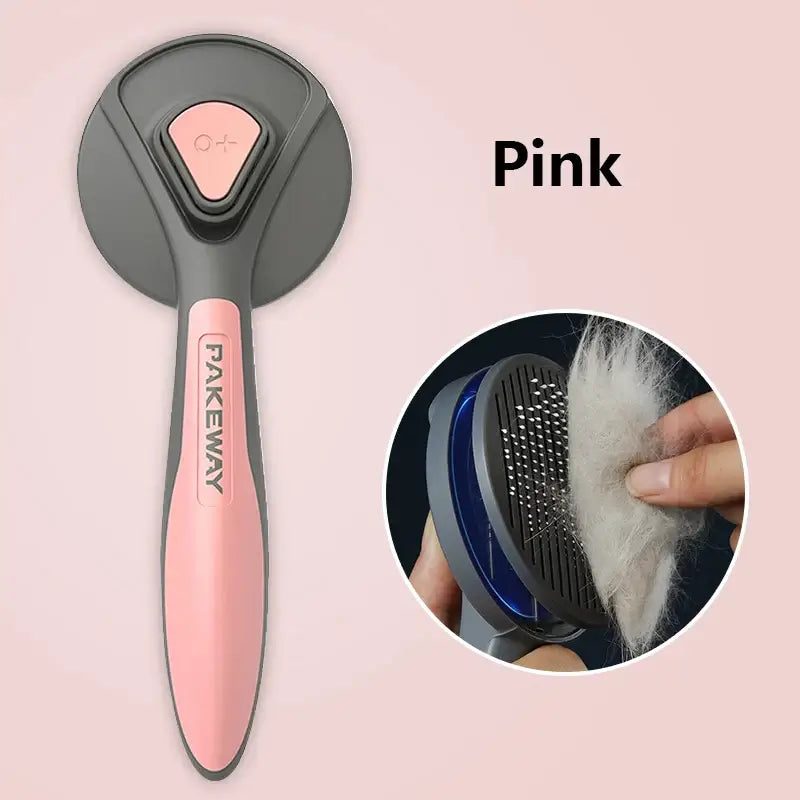 Pink self-cleaning pet grooming brush for cats, dogs, and rabbits, showing effective hair removal and easy cleaning features.