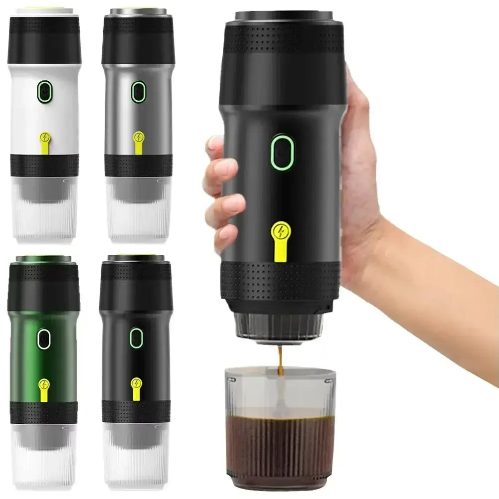 Portable wireless espresso machine making coffee, various colors shown