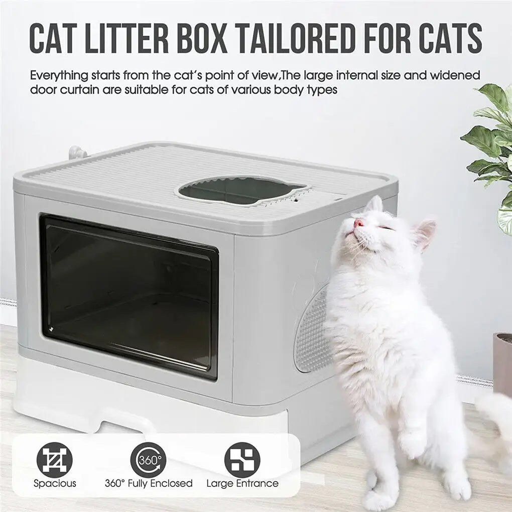 Foldable Cat Litter Box Front Entry & Top Exit Toilet Boxes with Massager Litter Scoop Enclosed Foldable Kitty Toilet