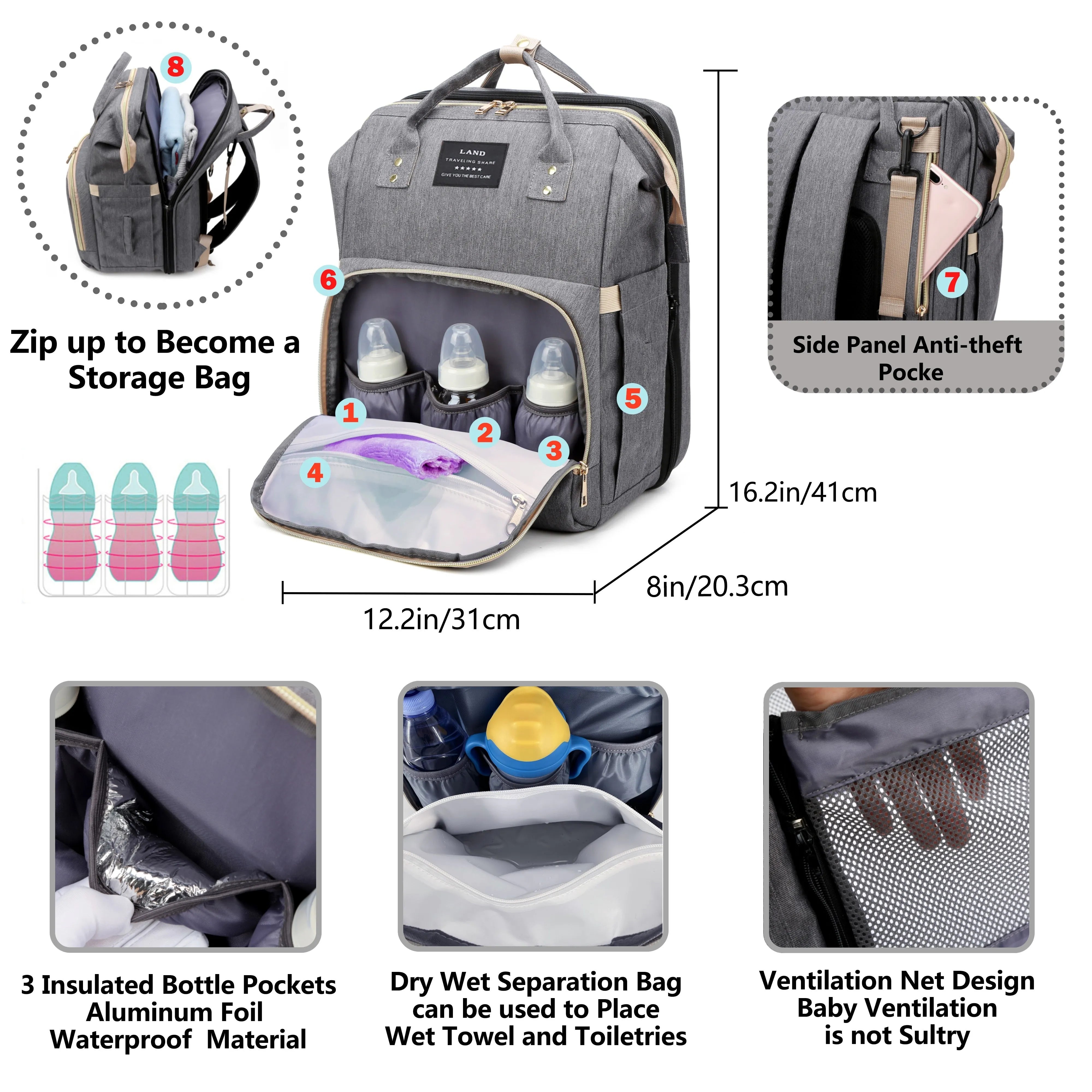 Large-Capacity Baby Backpack, Lightweight Mommy Bag with Folding Crib