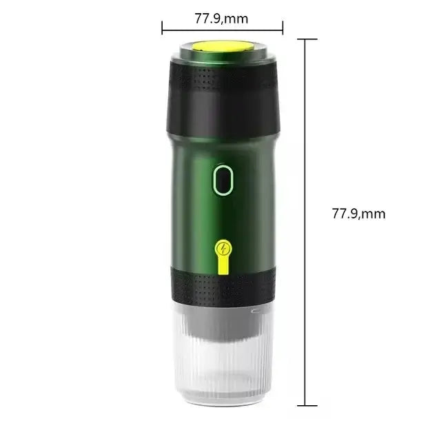 Wireless electric portable espresso coffee machine for car and home, compact 3-in-1 design, 120ml capacity, green color.