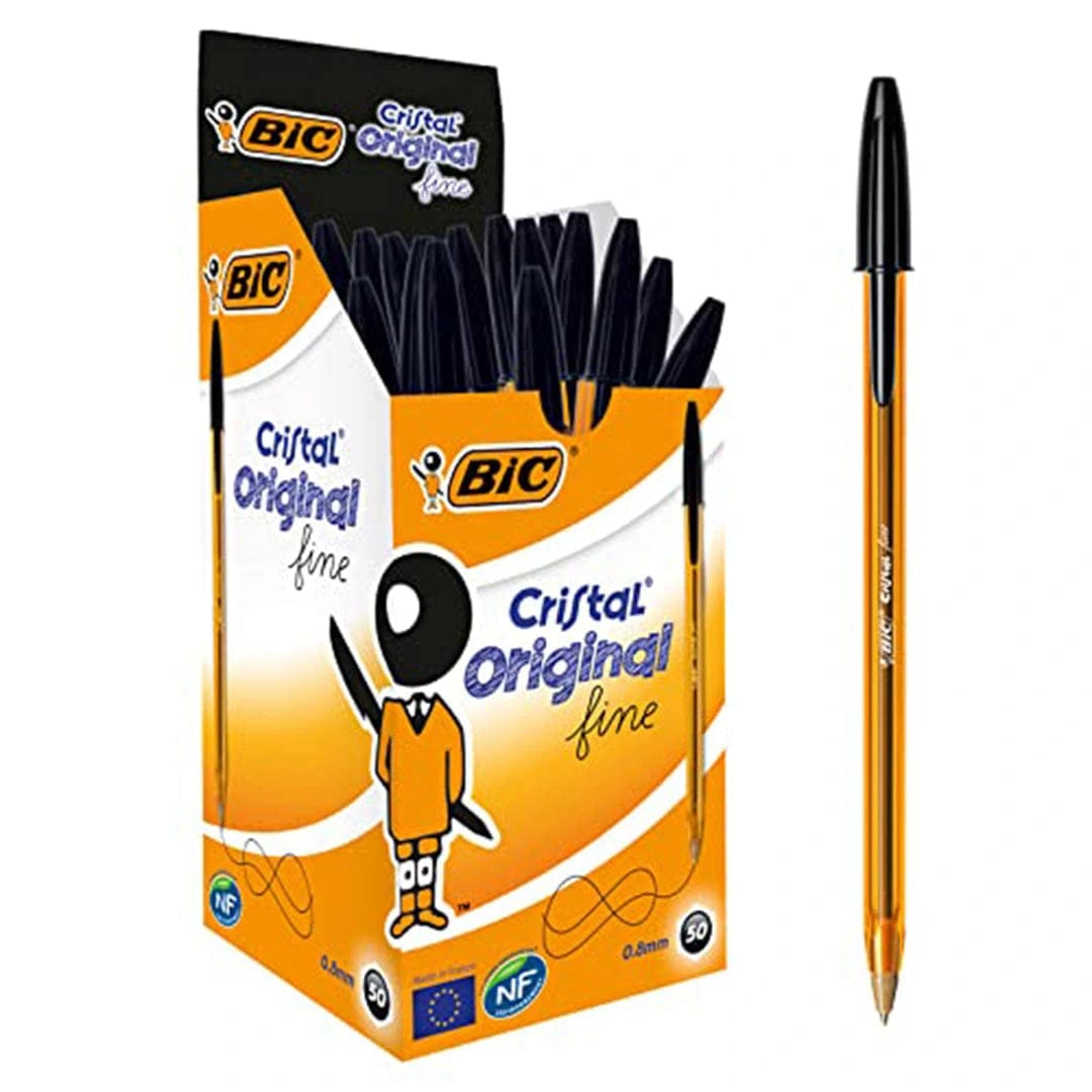 BIC Cristal Original, Ballpoint Pens, Every - Day Biro Pens with Fine Point (0.8 mm), Ideal for School and Office, Black, Pack of 50 - Infinity Market