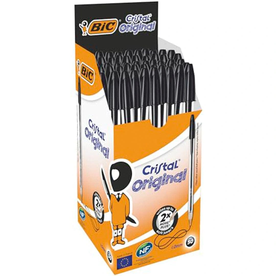 BIC Cristal Original Smudge Free Ballpoint Pens, Ideal for School, Black, Medium Point (1.0mm), Pack of 50 - Infinity Market