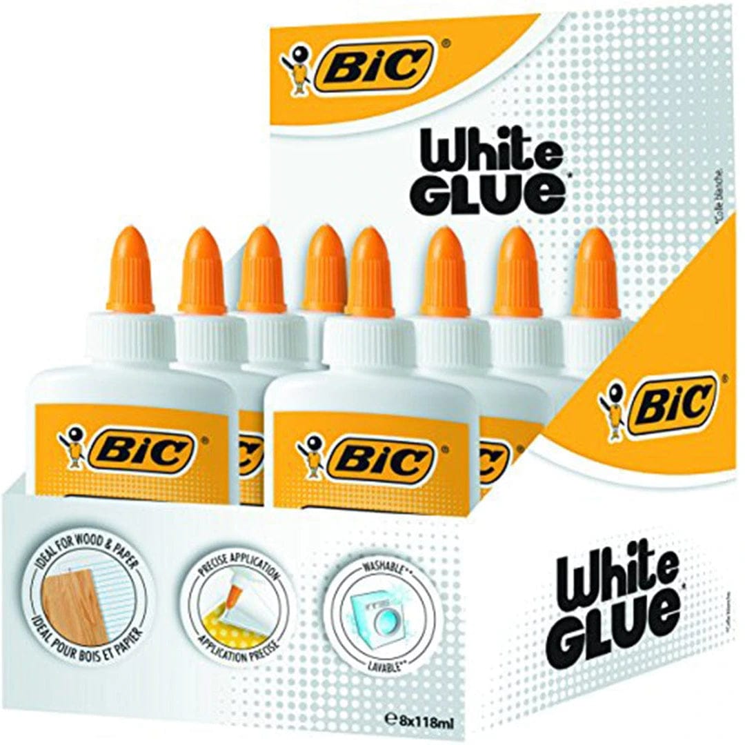 BIC Liquid White Glue - Box of 8 - 118 ml Bottles of Glue for Paper, Crafts or Wood - Washable with Precise Applicator Tip - Infinity Market