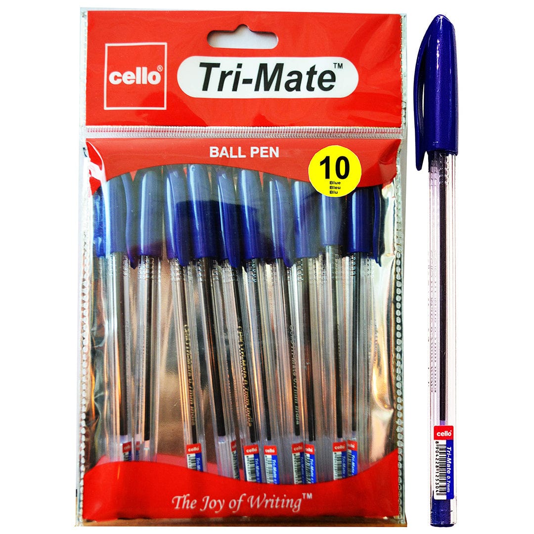 Cello Original Tri - Mate Triangular Barrel Ballpoint Pen, 1.0mm, Blue, Pack of 10 - Infinity Market