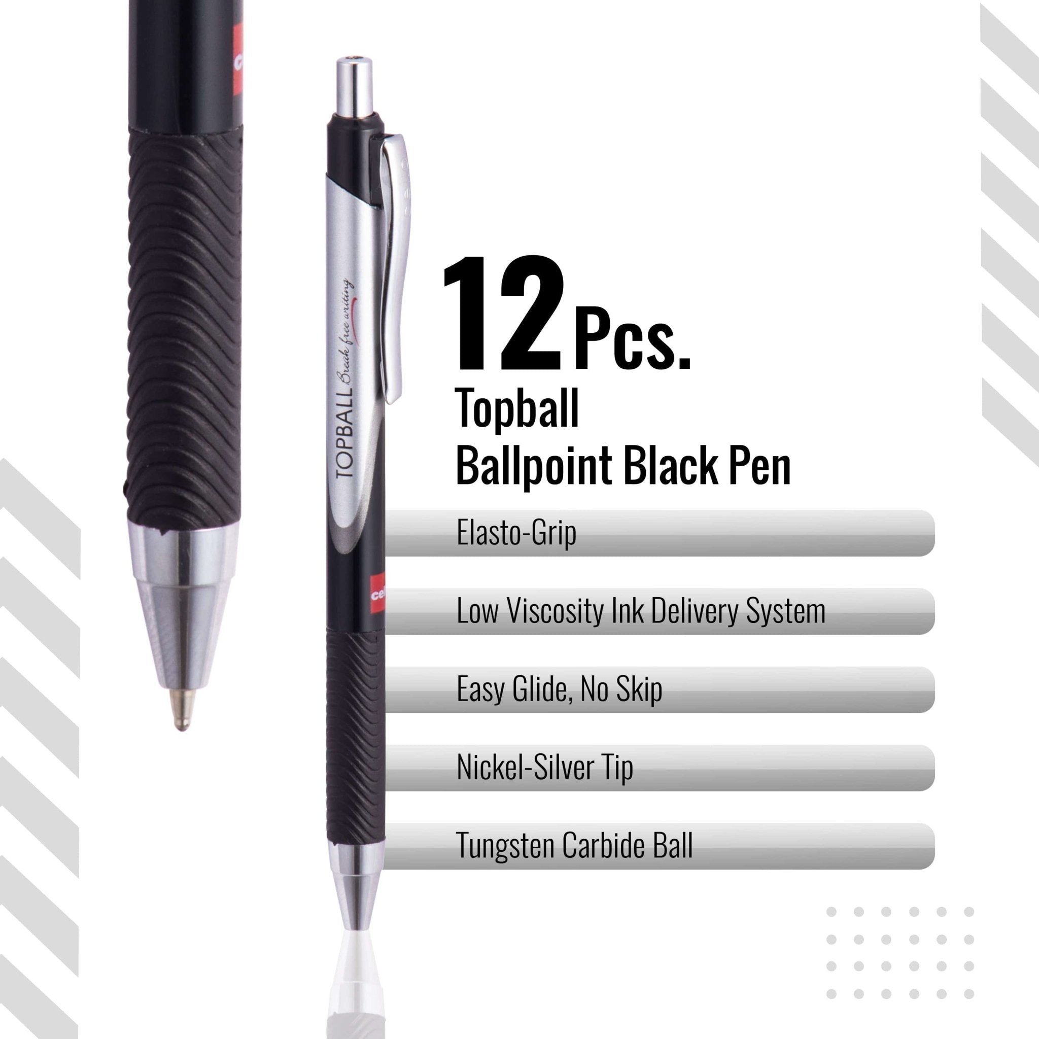 Cello Topball Grip Retractable Ballpoint Pens (1.0 mm), Black Pens, Pack of 12 - Infinity Market