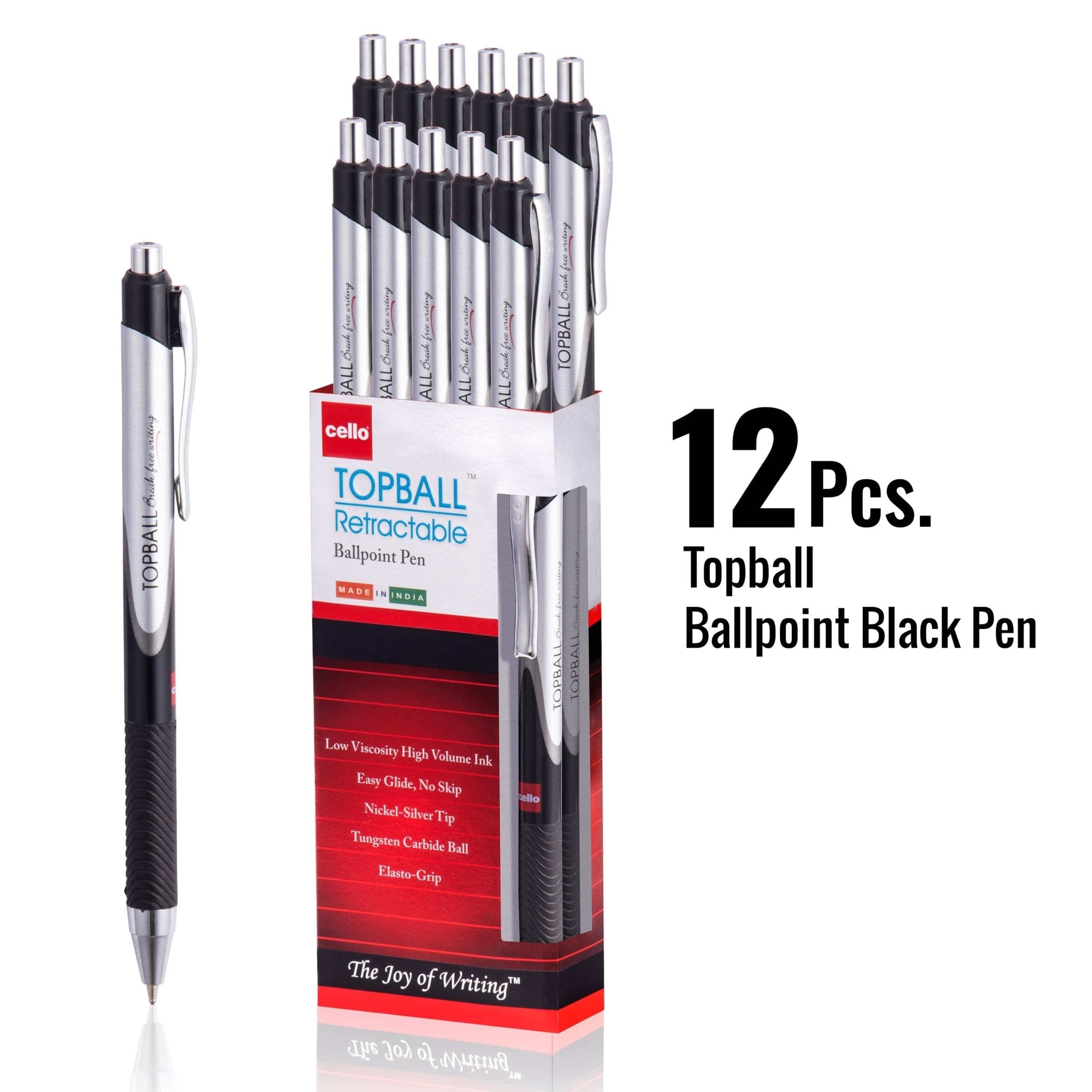 Cello Topball Grip Retractable Ballpoint Pens (1.0 mm), Black Pens, Pack of 12 - Infinity Market