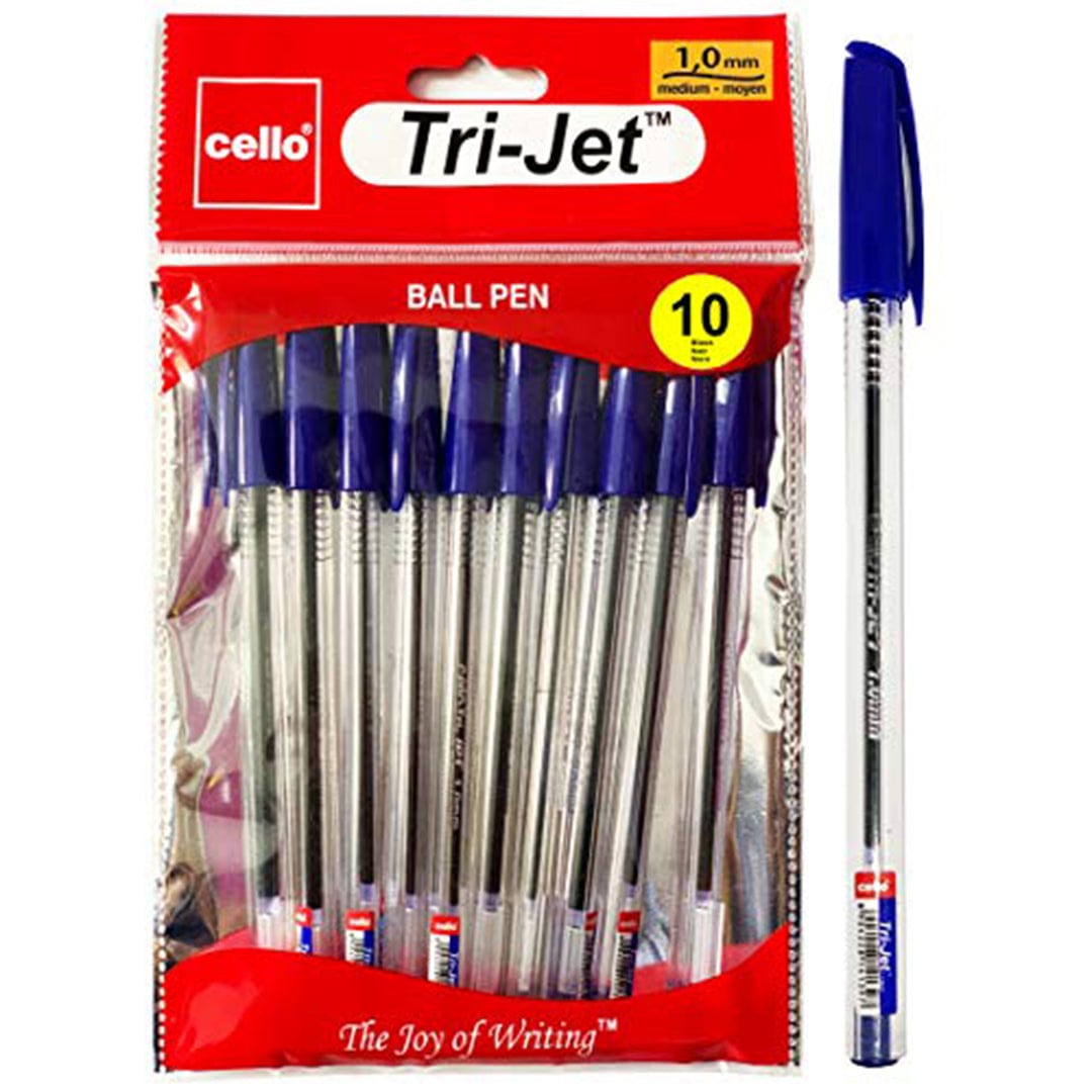 Cello Tri - Jet Ballpoint Pens Extra Grip Biros 1.0 mm, Blue Pens, Pack Of 10 - Infinity Market