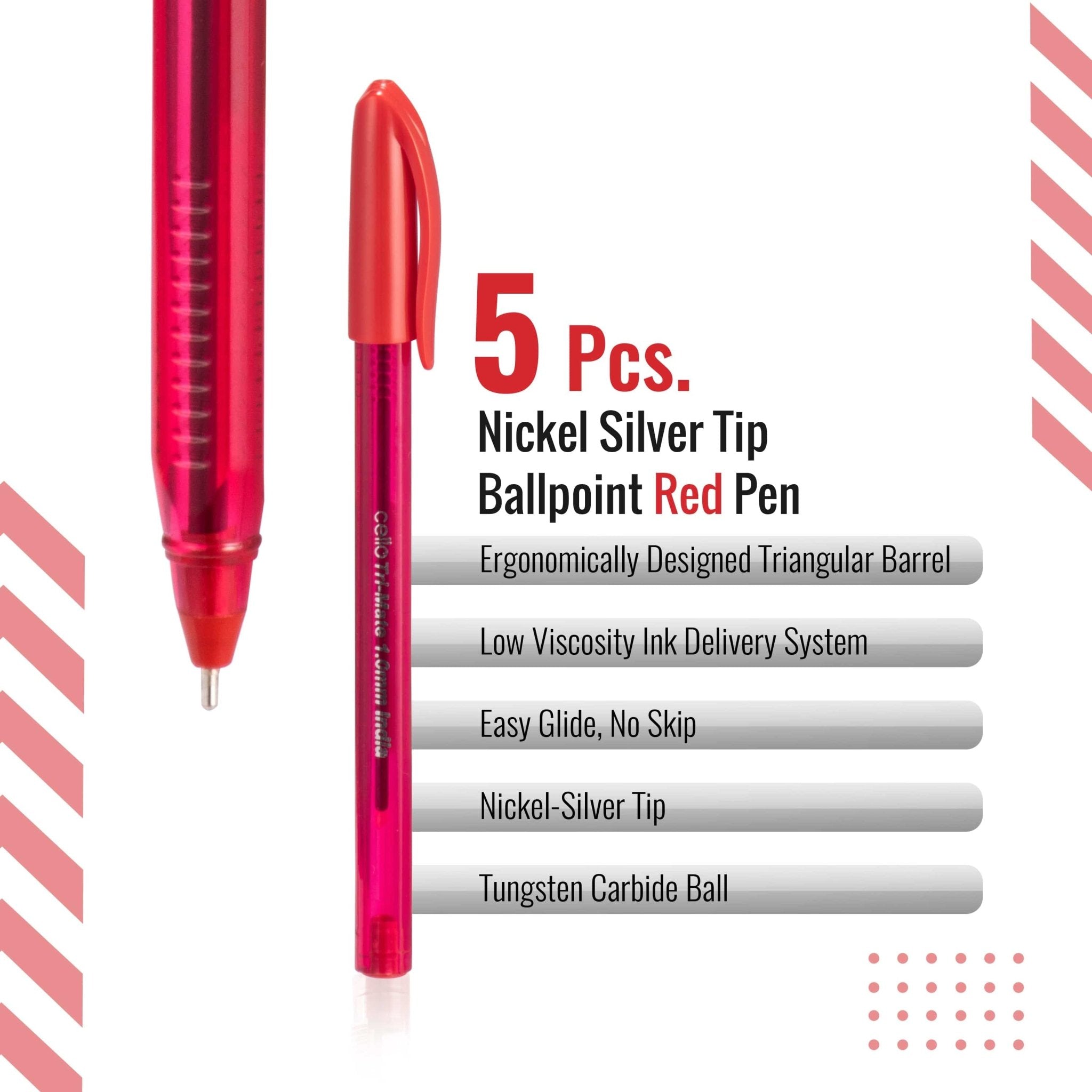 Cello Tri - Mate Ballpoint Pens, 1.0mm Pack of 5 (Red) - Infinity Market