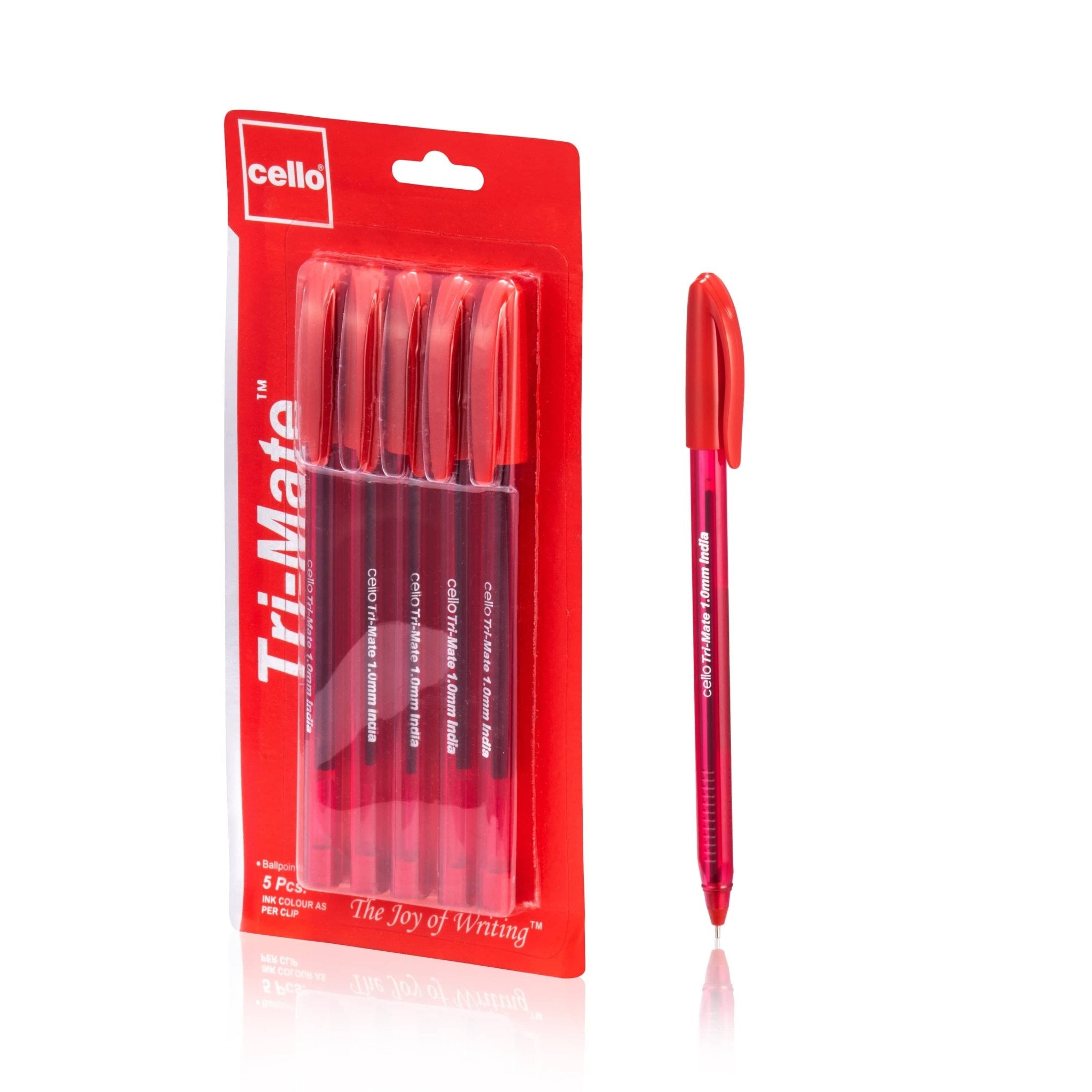 Cello Tri - Mate Ballpoint Pens, 1.0mm Pack of 5 (Red) - Infinity Market