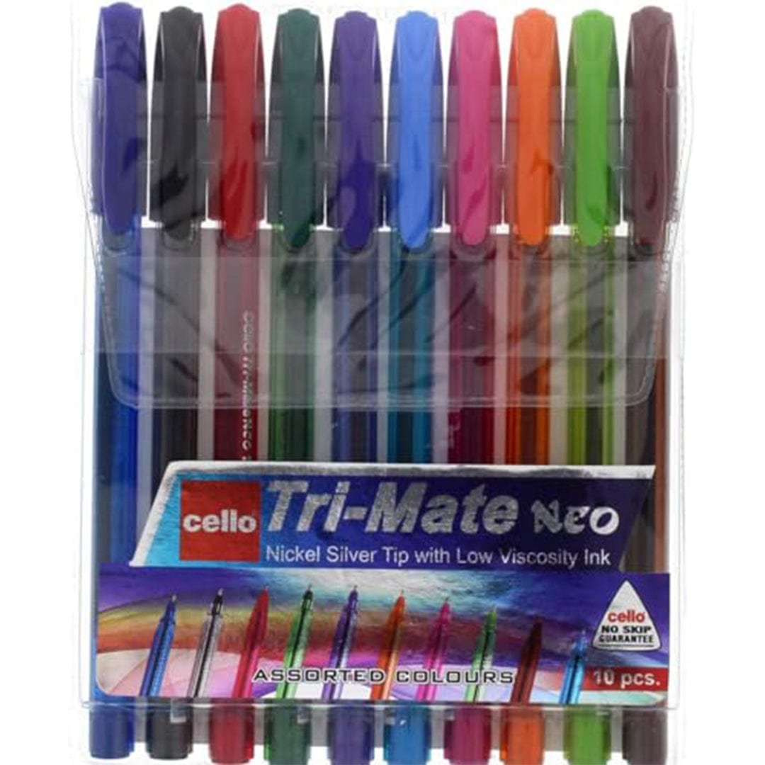 Cello Tri - mate Neo Rainbow Ballpoint Pen, Assorted Colours Pens Pack of 10 - Infinity Market