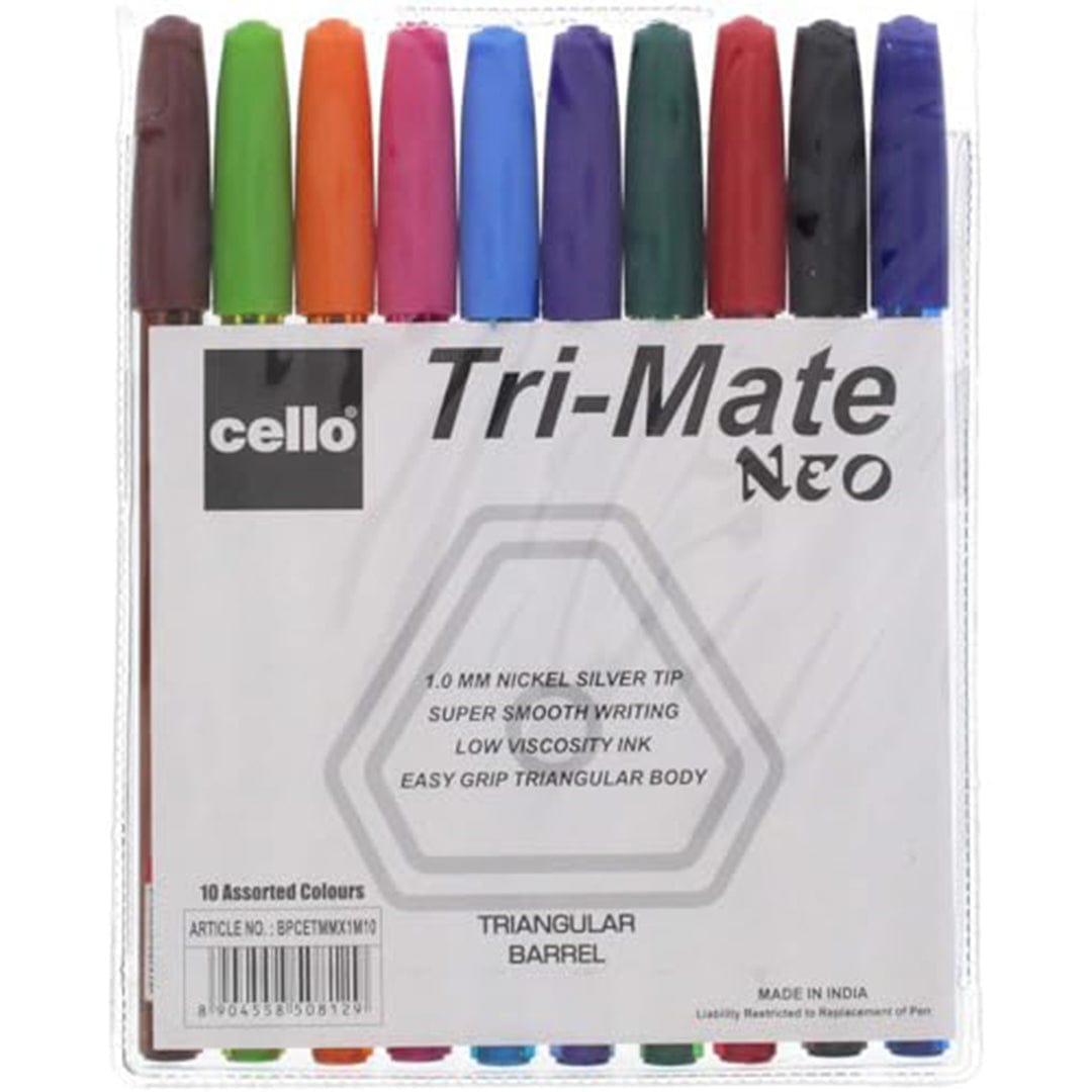 Cello Tri - mate Neo Rainbow Ballpoint Pen, Assorted Colours Pens Pack of 10 - Infinity Market