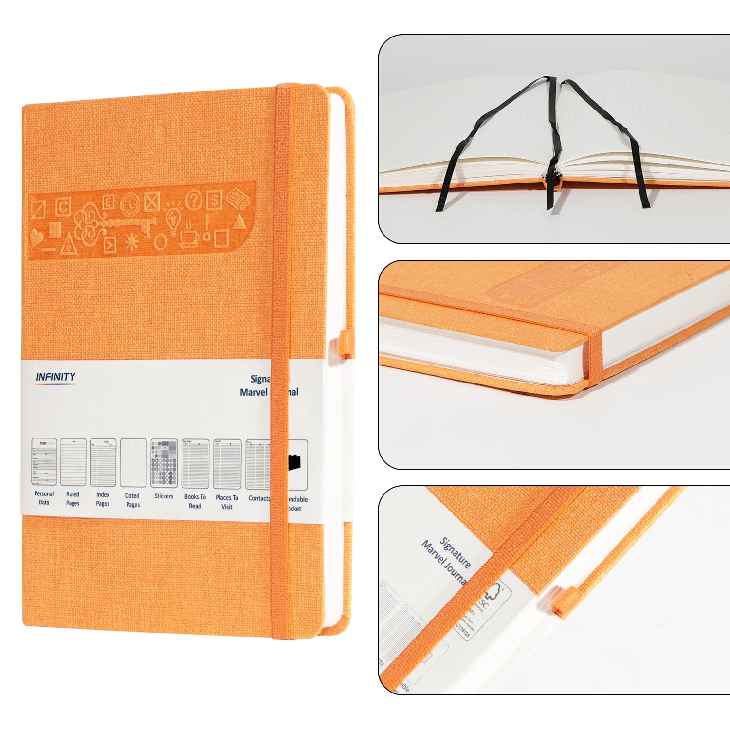 Infinity A5 Signature Marvel Bullet Dotted Grid Paper Journal Notebook with, Bullet Planner Dotted Journal - Dotted Notebook A5 - Bookmark, Elastic Strap, Pen Holder, 248 pages Sustainably Sourced paper Orange - Infinity Market