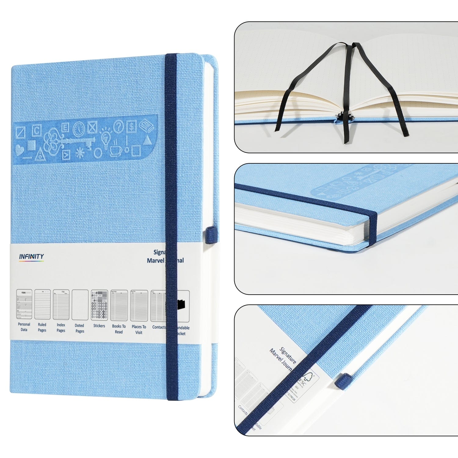 Infinity A5 Signature Marvel Bullet Dotted Grid Paper Journal Notebook with, Bullet Planner Dotted Journal - Dotted Notebook A5 - Bookmark, Elastic Strap, Pen Holder, 248 pages Sustainably Sourced paper Sky Blue - Infinity Market