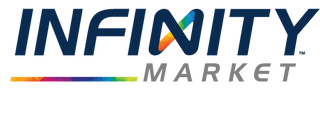 Infinity Market logo featuring stylized text and multi-colored underline