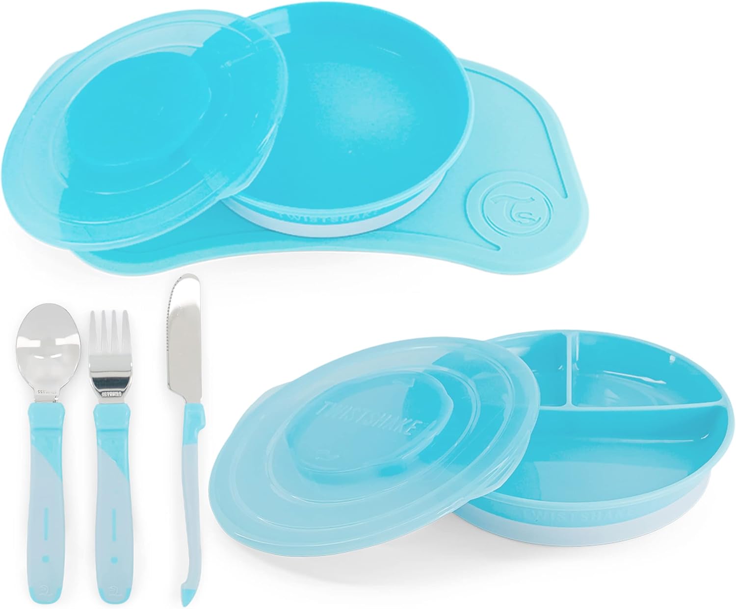 Twistshake Baby Tableware Set - 6 Piece | 1x Baby Silicone Placemat - 1x Kid Plate - 1x Divided Plate - 3X Stainless Steel Learn Cutlery - Pestel Blue - Infinity Market