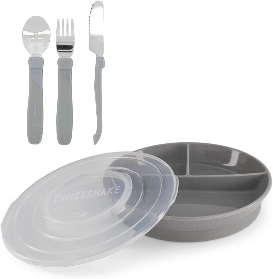 Twistshake Baby Tableware Set | Divided Plate + Stainless Steel Cutlery 12m+ Grey - Infinity Market