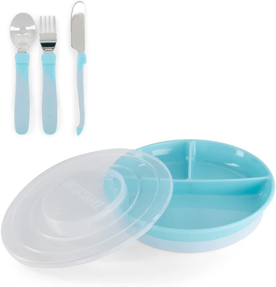 Twistshake Baby Tableware Set | Divided Plate + Stainless Steel Cutlery 12m+ - Pastel Blue - Infinity Market