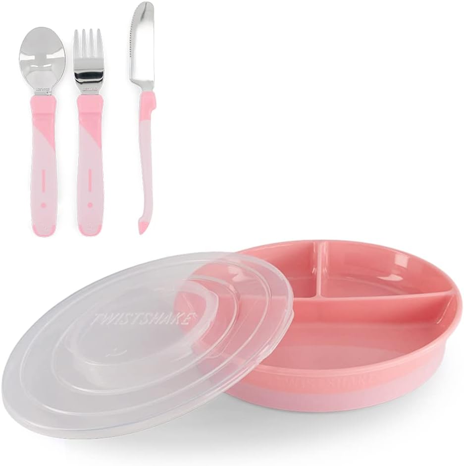 Twistshake Baby Tableware Set | Divided Plate + Stainless Steel Cutlery 12m+ Pestel Pink - Infinity Market