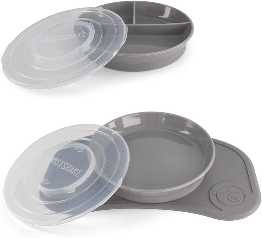 Twistshake Baby Tableware Set Mini + Divided Plate | Baby Suction Plate + Baby Placemat (31x17cm) + Divided Plate Grey - Infinity Market