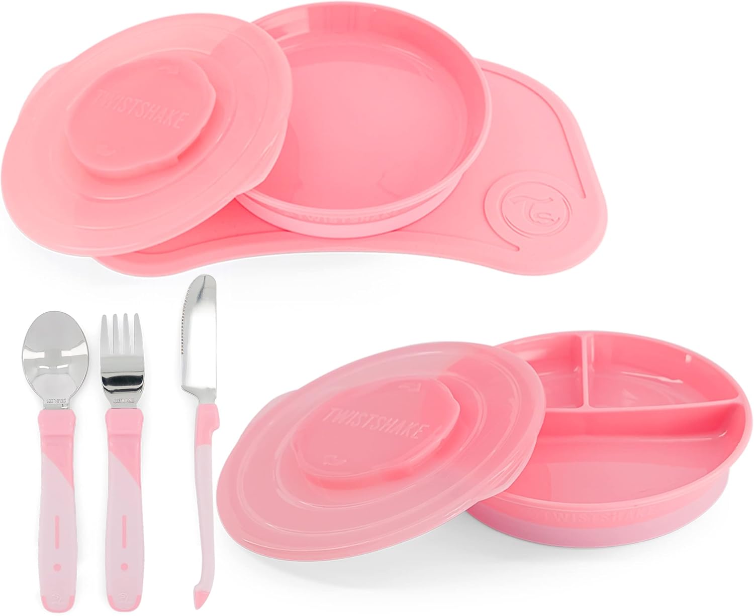 Twistshake Children's Plate - Divided Plate - Learning Cutlery, 5 Piece - Pestel Pink - Infinity Market